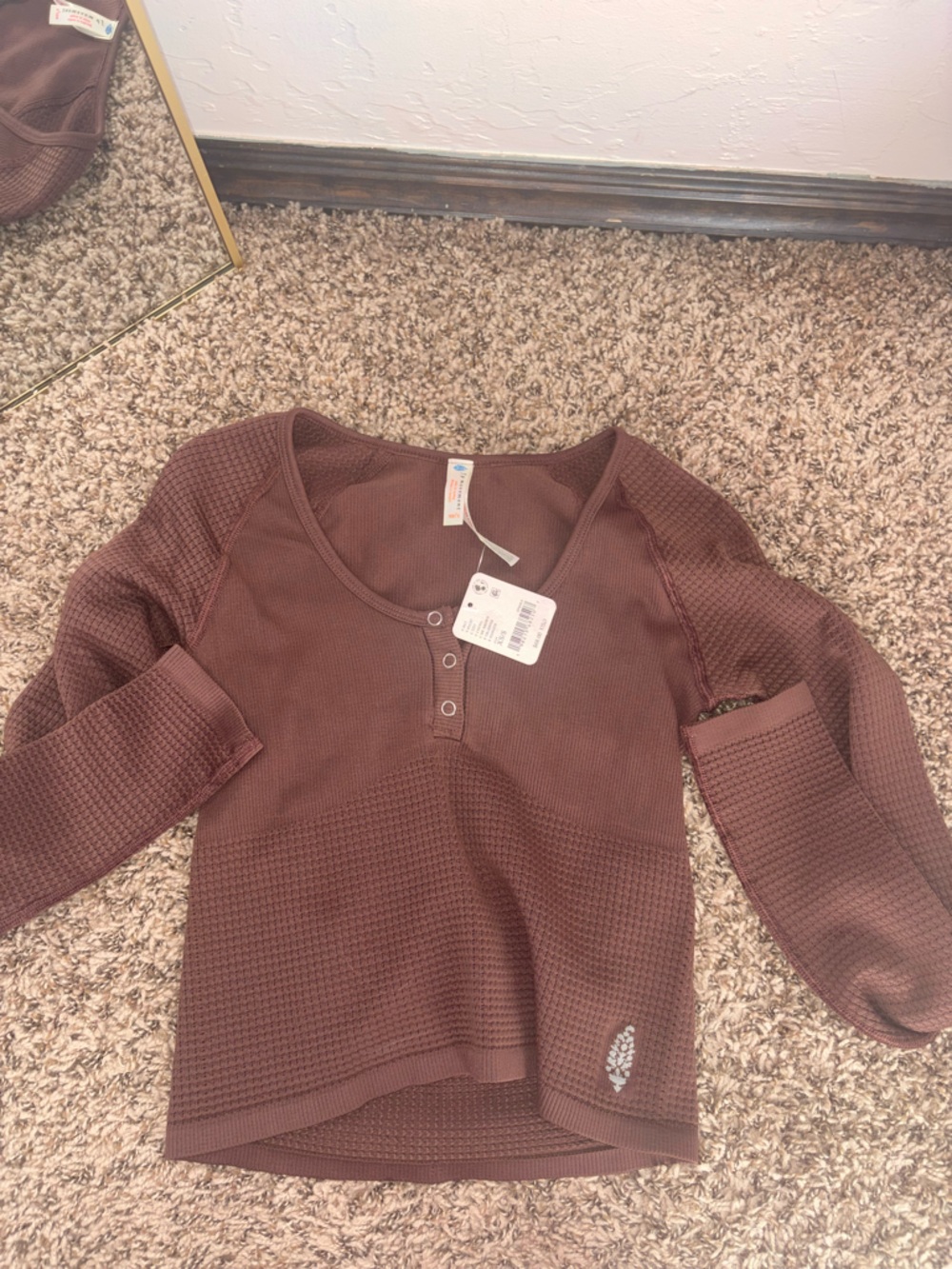 Free People Long Sleeve Waffle Knit Top - Brown
